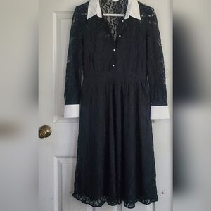 Zara Elegant Black Lace Long Sleeve Button Down Womans Flare Size Medium Dress